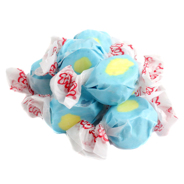Bright blue, yellow-centered Taffy Town Salt Water Taffy Passion Fruit. Approx. 65 gluten-free pieces per pound.