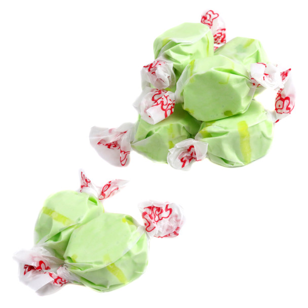 Taffy Town Salt Water Taffy Golden Pear, approximately 65 sweet, juicy, pastel yellow and green whipped pieces per pound.