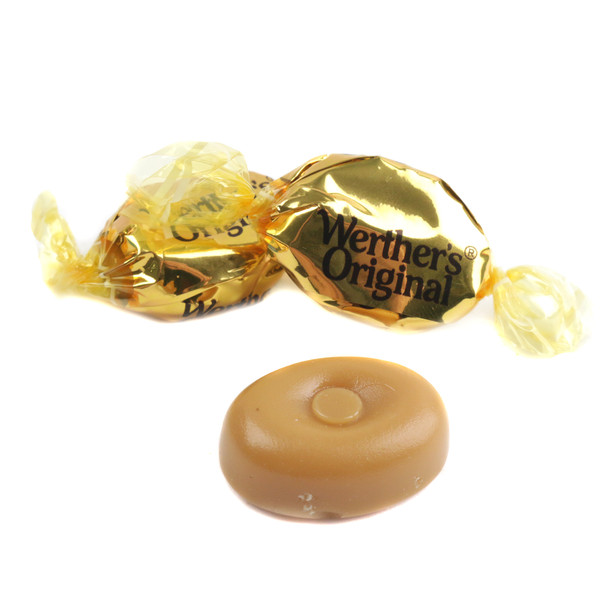 Werther's Original bulk hard candies, golden, individually wrapped, with salted caramel butterscotch flavor. Approx 60 per pound.