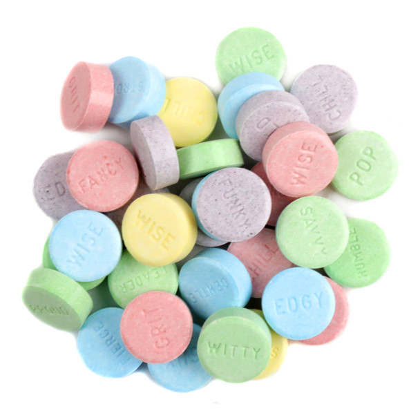 SweeTarts candy, colorful assortment of blue, red, purple, yellow, green fruit flavors. Approx. 375 vegan pieces per pound.