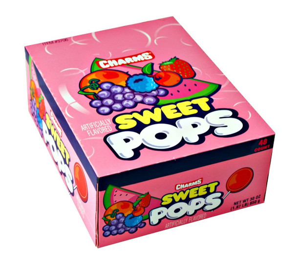 Charms Sweet Pops, 48 piece assorted flat lollipops. Blue, cherry, grape, orange, strawberry, watermelon flavors.