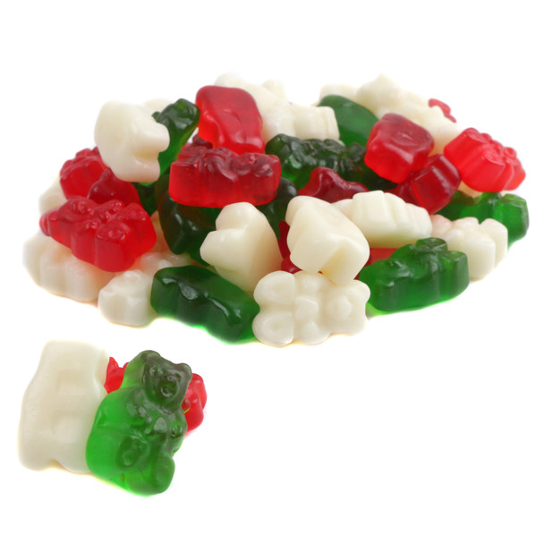 Albanese Christmas Gummy Bears, red, white, green, cherry, strawberry banana, apple flavors, approx. 120 per pound.