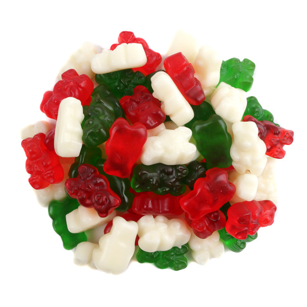 Albanese Christmas Gummy Bears. Red cherry, white strawberry banana, green apple flavors. Approx 120 per pound.