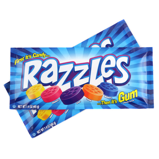 Razzles Original candy, 24 individual packs, colorful grape, orange, raspberry, lemon, blueberry assortment.