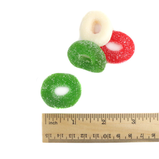 Christmas Gummy Wreaths, 55 per pound. Red Cherry, white Strawberry Banana, green Apple sugar coated gummies, gluten-free.