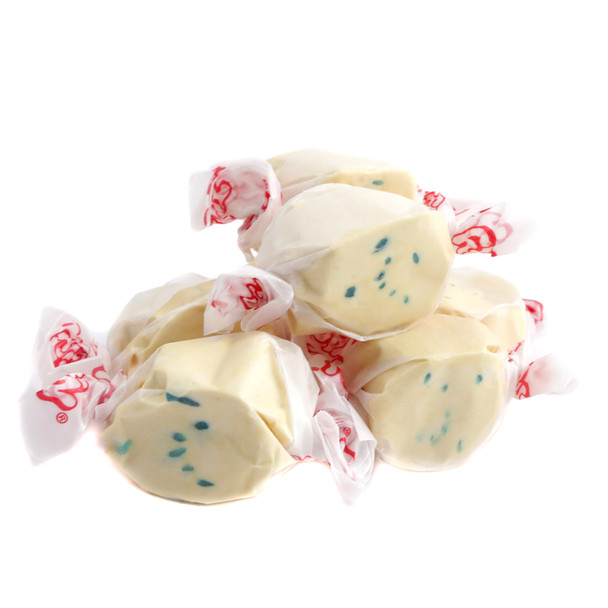 Taffy Town Salt Water Taffy Blueberry Muffin, creamy blue and white swirled pieces, approx 65 per pound.