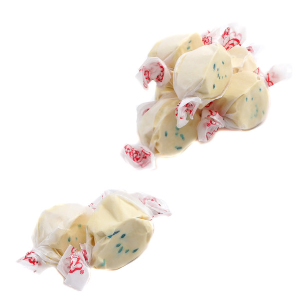 Taffy Town Blueberry Muffin Salt Water Taffy, approximately 65 light blue and cream pieces, chewy, creamy texture.