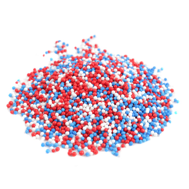 Tiny red, white, and blue Patriotic Nonpareil Sprinkles, USA-made 4th of July dessert toppings.