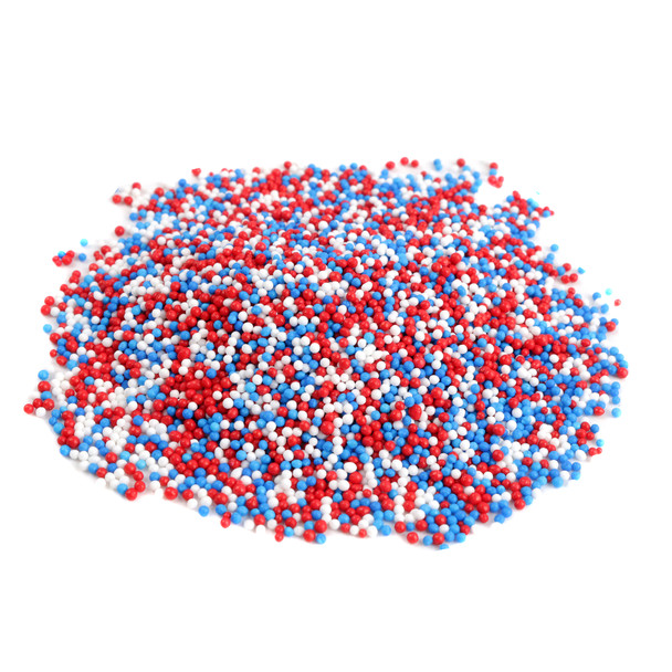 Red, white, and blue patriotic nonpareil sprinkles. USA-made tiny confectionery balls, perfect for 4th of July cupcakes, cookies.