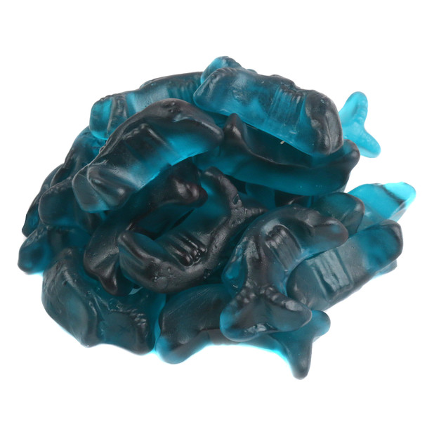 Vibrant blue gummy dolphins, 2.5 inches, with realistic shapes. A pile of approx. 57 blueberry flavored pieces per pound.