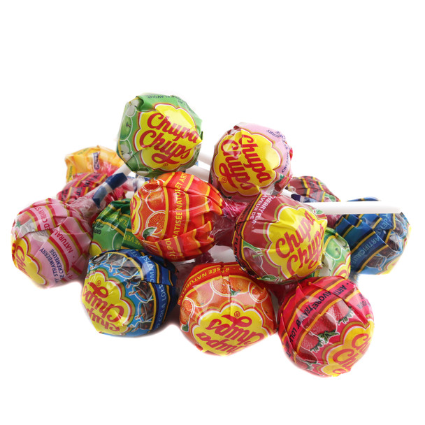 Vibrant Chupa Chups lollipops, 33 per pound. Assorted cherry, orange, watermelon, strawberry, and cream flavors.