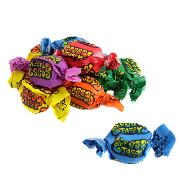 Taffy Town Salt Water Taffy Sour Sassy Taffy, assorted vibrant colors, Lemon, Orange, Green Apple, Cherry, Raspberry, Grape, 65 pieces.