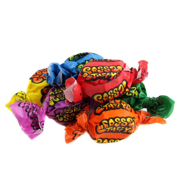 Taffy Town Sassy Sour Salt Water Taffy, assorted vibrant colors, 6 fruity flavors, approximately 65 pieces per pound.