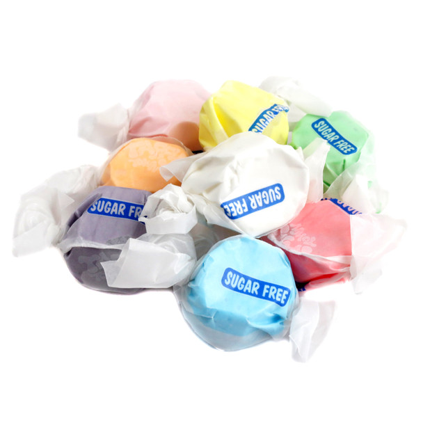 Sugar free assorted salt water taffy. Approx 65 multi-colored, bite-sized pieces per pound, featuring fruity apple, blue raspberry, banana.