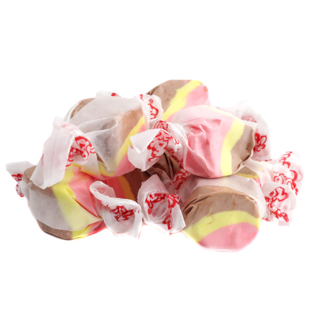 Taffy Town Salt Water Taffy, creamy banana split flavor, bright yellow, pink, brown pieces, approx 65 per lb, gluten-free, USA.