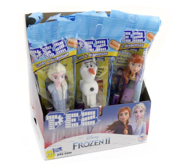 12 Pez Frozen candy dispensers, featuring colorful character designs and included Pez candy packs.