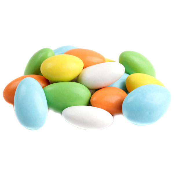 Delicious Jordan Almonds, bulk unwrapped candy in wedding white, pastel, and sparkle colors. Nutty, crunchy, 110 per pound.
