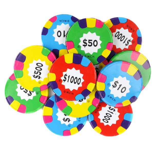 Assorted colorful Madelaine Milk Chocolate Poker Casino Chips with $10, $50, $500, $1000 denominations, bulk casino candy.