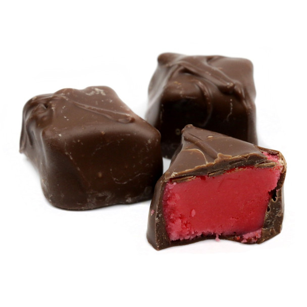 Ashers Milk Chocolate Strawberry Creams, brown milk chocolate coating, vibrant pink strawberry cream filling.