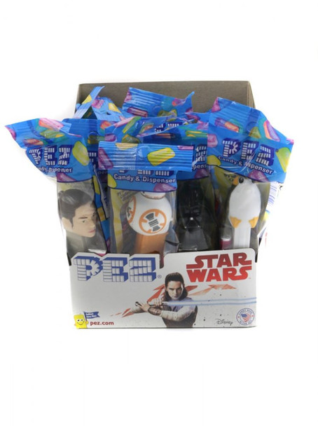 12 Pez Star Wars black dispensers, featuring assorted characters. Each individually wrapped with 2 candy packs.