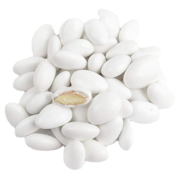 White Jordan Almonds, a pile of elegant crunchy candy coated almonds for weddings, baby showers. Approx 110 per pound.