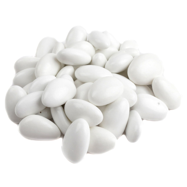 White Jordan Almonds, elegant wedding candy, crunchy almond with a sweet white candy shell, approx. 110 pieces per pound.