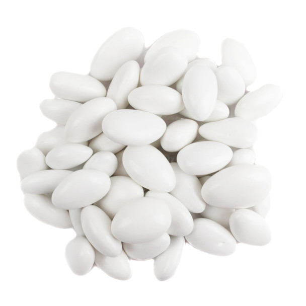 Elegant white Jordan almonds, crunchy sweet candy shell. Perfect bulk candy for weddings, baby showers, 110 per pound.