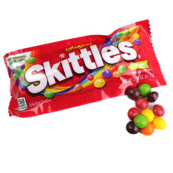 Skittles Original 36 pack box, 36 colorful 2.17oz pouches of chewy green apple, lemon, grape, strawberry, orange candies.