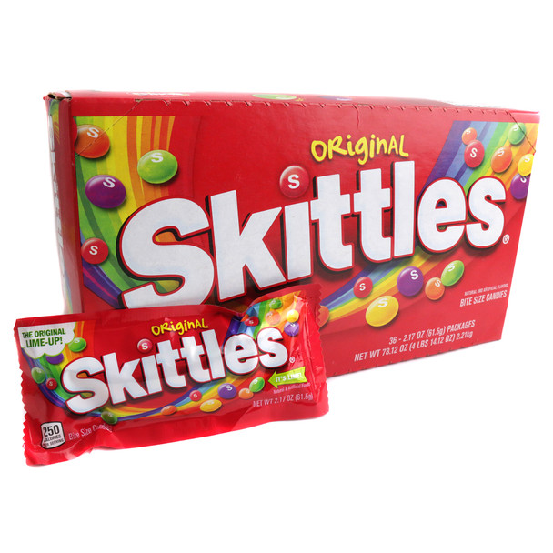 Skittles Original 36 pack, colorful green, yellow, purple, red, orange chewy fruity candy, 2.17oz packs.