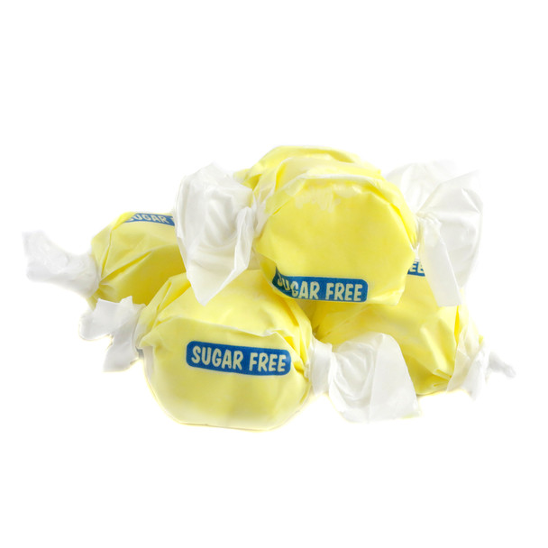 Vibrant yellow Sugar Free Salt Water Taffy by Taffy Town, banana flavor, approx 65 pieces per pound, gluten-free.