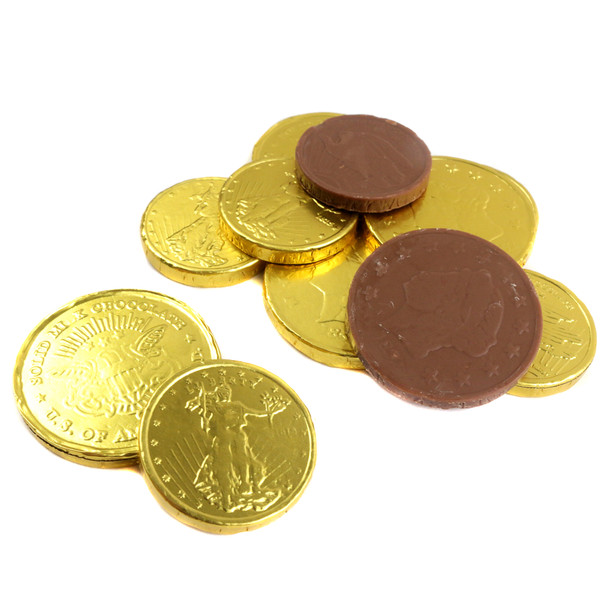 Assorted gold foil-wrapped Madelaine milk chocolate coins, 1 1/4 and 1 1/2 inches, featuring Lady Liberty and eagles.