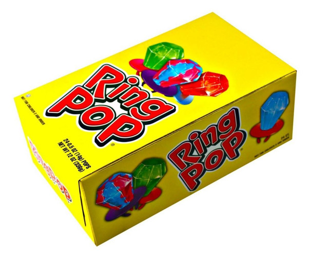 Assorted Ring Pops, 24 individually wrapped fruity lollipops in various colors.