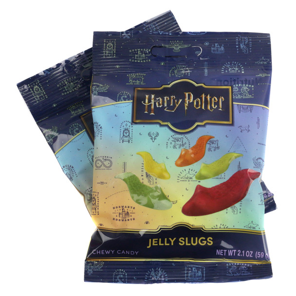 12 packs Harry Potter Jelly Slugs, dye-free, multi-colored fruit flavors: banana, pear, cherry, tangerine, watermelon.