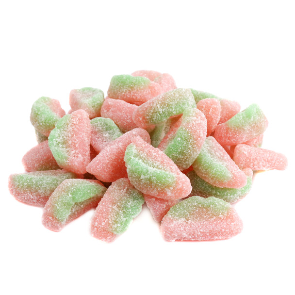 Sour Patch Watermelon candy, pink and green watermelon-shaped gummies with sour crystals, chewy texture. Approx 90 per pound.