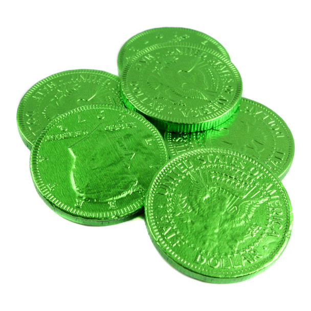 image of chocolate coins green foil wrapped chocolates casino candy st patricks day mardi gras
