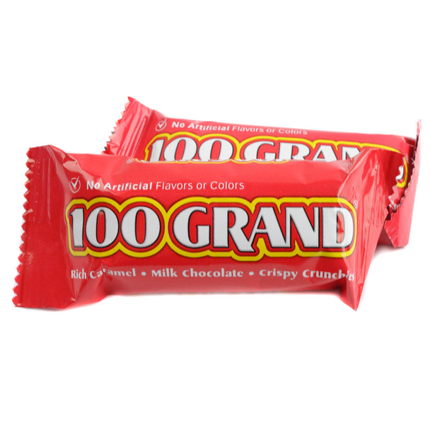 Nestle 100 Grand fun-sized candy bars, rich milk chocolate, gooey caramel, crispy rice. Approximately 20 bars.