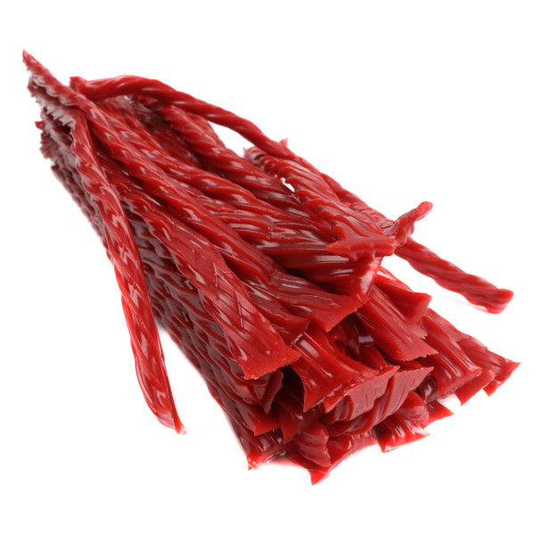 Bright red Twizzlers candy twists, strawberry flavored, unwrapped in bulk, about 36 pieces per pound.