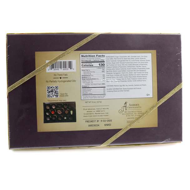 Ashers 8oz box of assorted milk and dark chocolates, rich brown sweet treats inside.