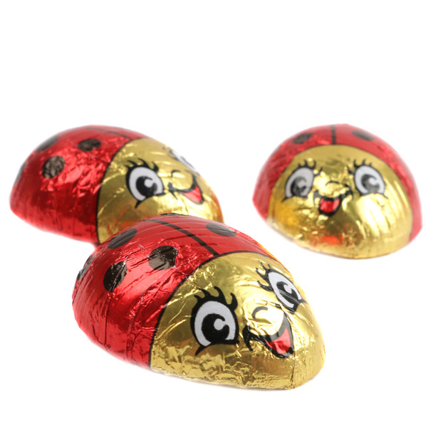 40 premium milk chocolate ladybugs, individually wrapped in red, gold, and black foil. Each approx 1 3/4 inches.