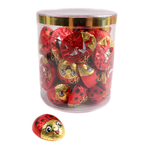 Madelaine Milk Chocolate Ladybugs, 40 pieces, individually wrapped in glossy red, gold, and black foil.