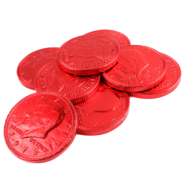 Bright red foil wrapped milk chocolate coins, 1.5 inch, US half dollar design. Perfect Valentine's Day candy buffet treat.