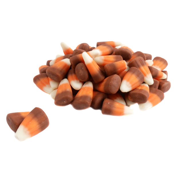 Indian Candy Corn, traditional shape with chocolate bottoms, earthy fall colors. Approx. 250 pieces per pound, USA made.