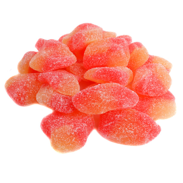 Vibrant orange Haribo Gummy Peach Slices, chewy texture, authentic peach flavor, sugar-dusted. Approx 60 per pound.