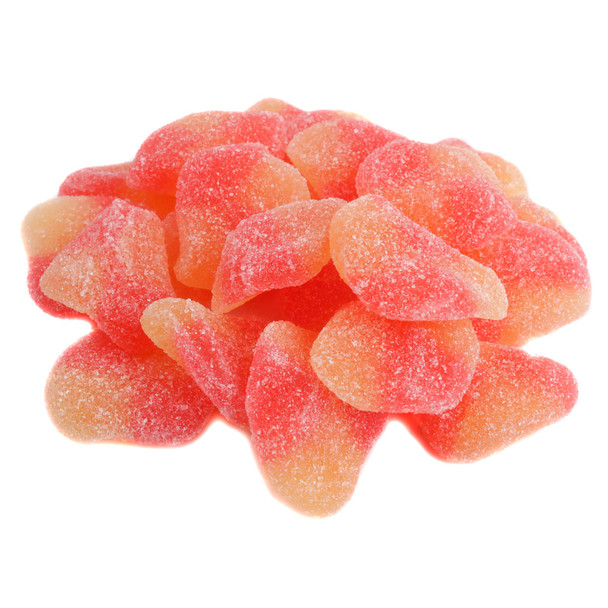 Haribo Gummy Peach Slices, vibrant orange, chewy, sugar-dusted, approx. 60 slices per pound.