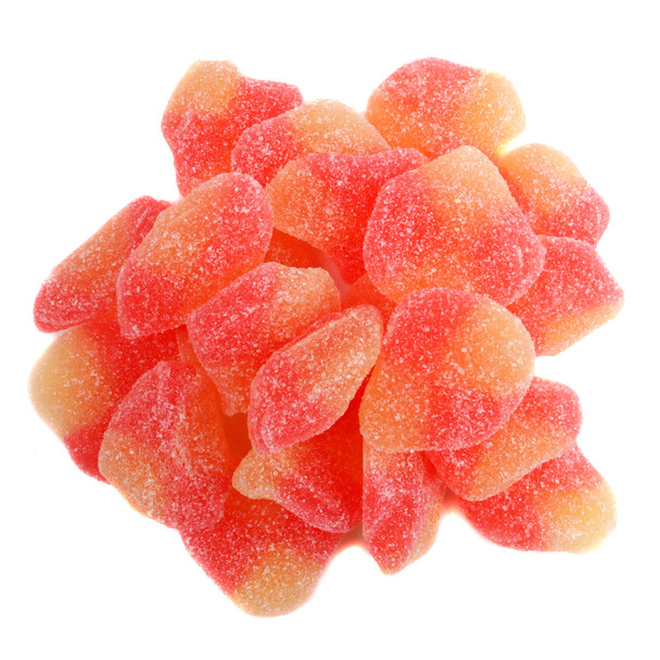 Haribo Gummy Peach Slices, vibrant orange, sugar-dusted, chewy peach-flavored candy, approx. 60 slices per pound.
