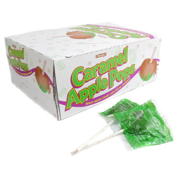 48 individually wrapped green apple lollipops coated in creamy caramel, sweet and tangy, ideal for sharing.