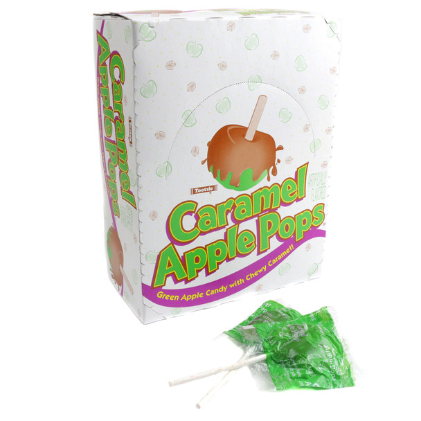 48ct Caramel Apple Pops. Tart green apple lollipops with creamy caramel, individually wrapped.