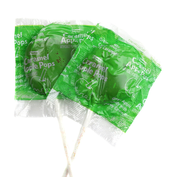 48 Caramel Apple Pops, green apple lollipops coated in creamy caramel, individually wrapped.