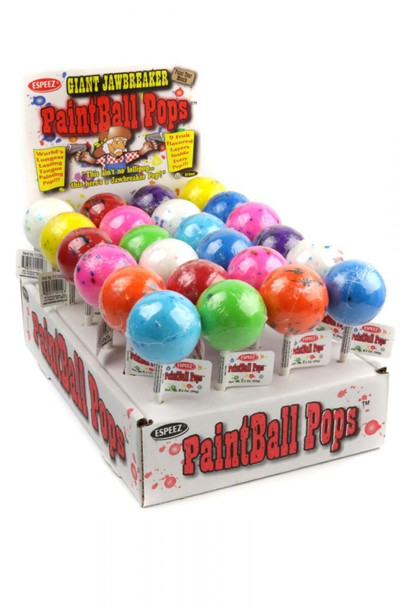 24 Espeez Paintball Pops giant jawbreaker lollipops, individually wrapped, vibrant assorted colors, novelty candy.