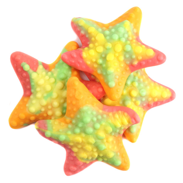 Bulk colorful gummy starfish candy, bumpy texture, cherry, citrus orange flavors, yellow, green swirls. Approx 35 per pound.